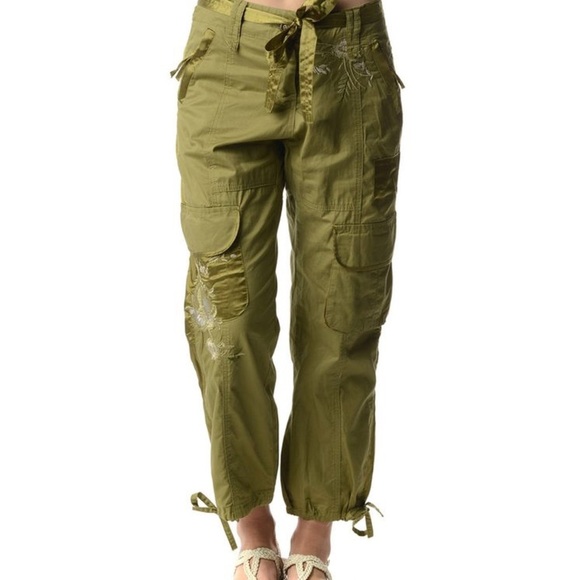 Cache Olive Green Cropped Cargo Pants Satin Embroidered Y2K - Picture 1 of 14